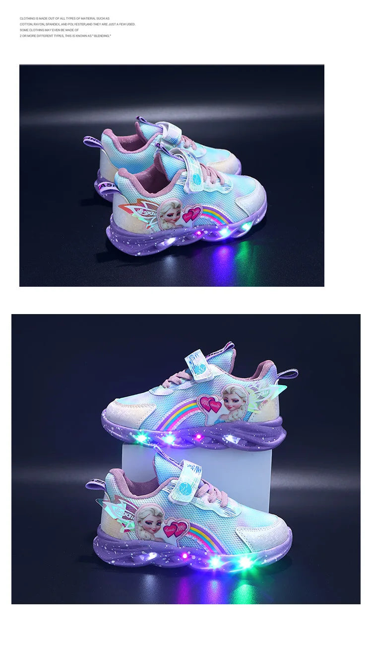Disney Casual Sneakers LED Lighted For Spring Girls Frozen Elsa Princess Rainbow Outdoor Children Non-slip Pink Purple Shoes.