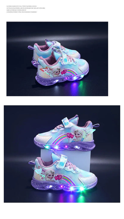 Disney Casual Sneakers LED Lighted For Spring Girls Frozen Elsa Princess Rainbow Outdoor Children Non-slip Pink Purple Shoes.