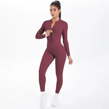 Women's Long Yoga Bodysuit with Half-Zip Sexy Back & Butt Lift for Fitness Running Outdoor Sportswear.