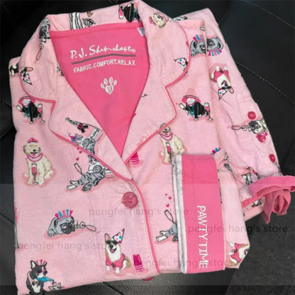 Black Cartoon Sleepwear Long Sleeve Top Pant Soft Cotton Pajamas Suit 2Pcs Embroider Letter Homewear Lady Autumn Loungewear.