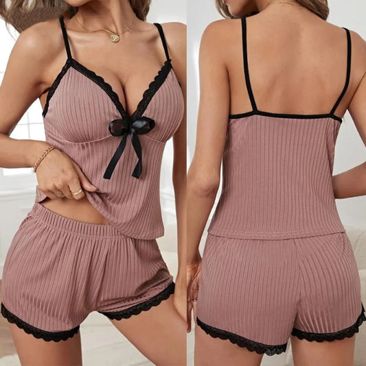 Neues sexy geripptes Pyjama-Set für Damen mit Spitzenbesatz, Cami-Top und Shorts, zweiteilige Nachtwäsche, Loungewear, V-Ausschnitt mit Schleife, Spaghettiträger