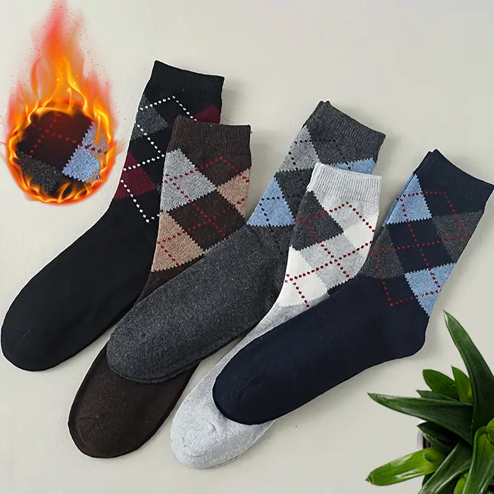 5 Pairs Men's Splicing Diamond Patterns Wool Socks Warm Winter Mid Length Socks Thickening Soft Cold-resistant Men Boots Socks.