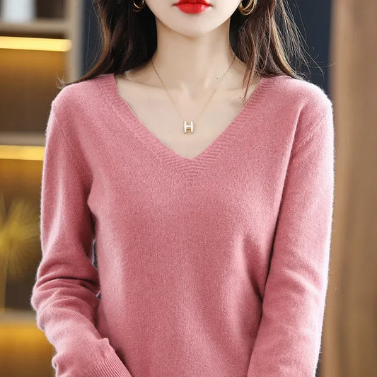 Herbst Winter Frauen Pullover 2025, Koreanische Mode Strickwaren Warme Lange Hülse V-ausschnitt Stricken Pullover Slim Fit Bodenbildung Shirt Jumper