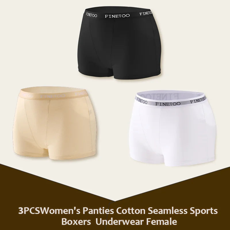 3Pcs Women's Panties Cotton Seamless Sports Boxers Underwear Female Solid Color Briefs Lingerie Intimate Underpant Finetoo S-XXL