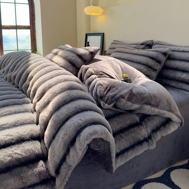 2024 new rabbit velvet milk velvet thickened rabbit fur warm four-piece set, 1.5m 1.8m bed sheet four-piece set