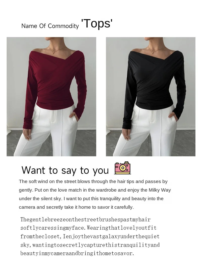 Phantasy New Solid Color Top Fashion Slant Shoulder Collar Shoulder Slimming Long Sleeve Commuter Top Vestido Elegant Tops.