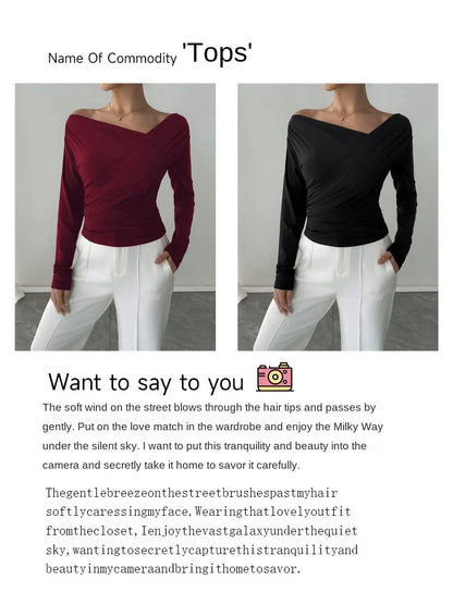 Phantasy New Solid Color Top Fashion Slant Shoulder Collar Shoulder Slimming Long Sleeve Commuter Top Vestido Elegant Tops.