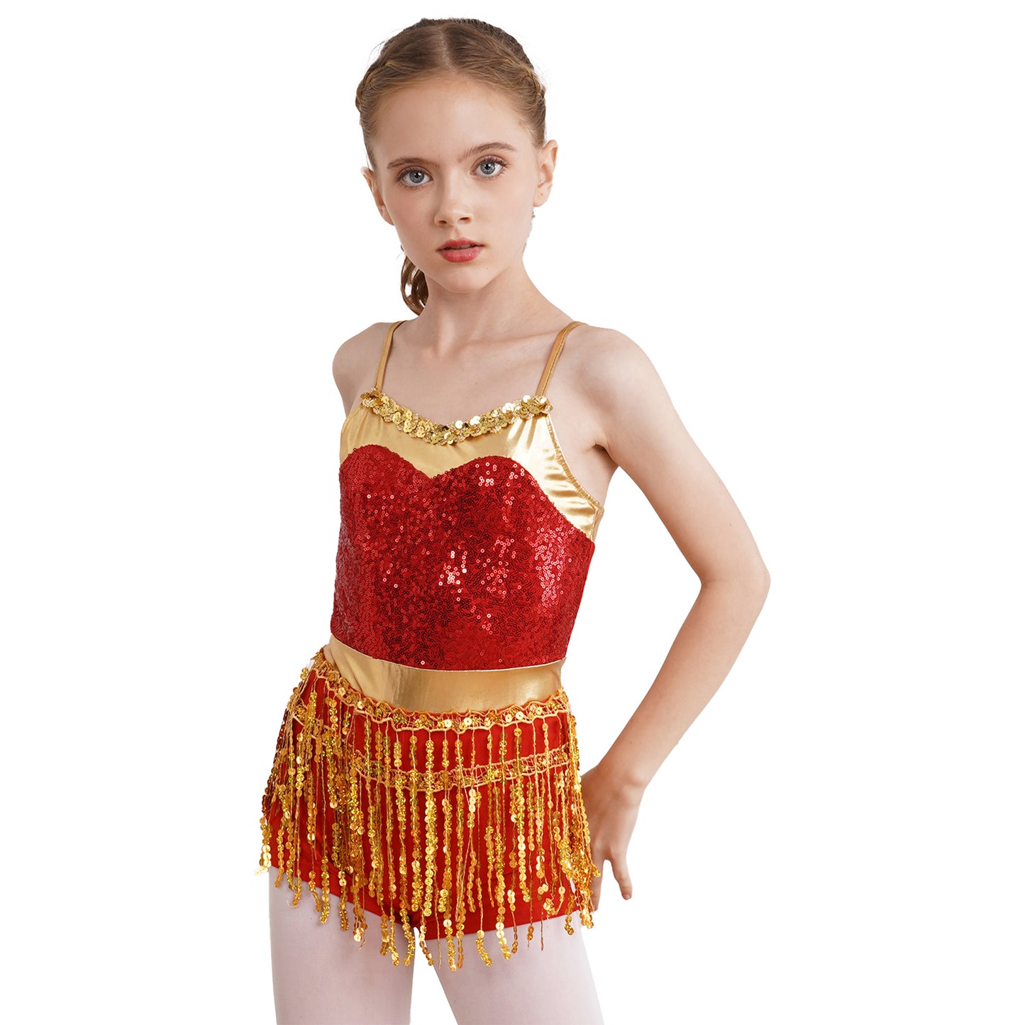 Kinder Mädchen Latin Tanz Kostüm Jazz Samba Cha-Cha Eiskunstlauf Trikot Kleid glänzende Pailletten Quaste Bodysuit für Bühnen performance
