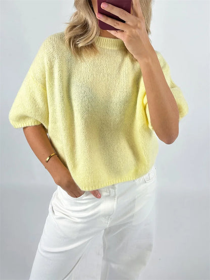 Damen Frühling Herbst Strickpullover Halbarm O Hals Einfarbig Lässige Strickwaren