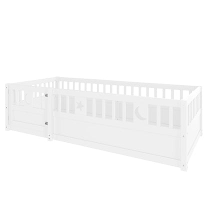 Panelbett 140 x 190 cm großes Kinderbett mit Gitter, Stern- und Monddekoration, ohne Gitter (ohne Matratze), minimalistischer Stil