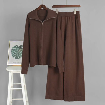 Tornova Zipper Strickjacke Pullover Anzug Weibliche Gestrickte Langarm Casual Mantel Breitbeinig Hosen Pullover frauen Zwei Stück Set