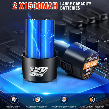 DayPlus 3/8 Zoll kabelloser elektrischer Ratschenschlüssel, 12 V Power-Ratschengerät 200 NM mit 2 x 1500 mAh-Batterien 90 °   Winkelschlüssel, 7 Steckdosen