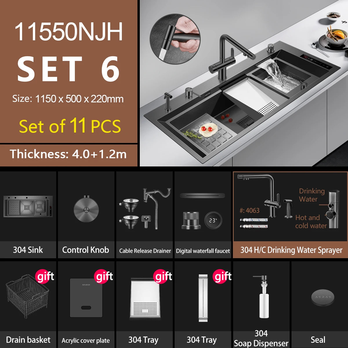 ASRAS high-quality 304 stainless steel multifunctional kitchen sink intelligent food purification large-sized sink nano gray