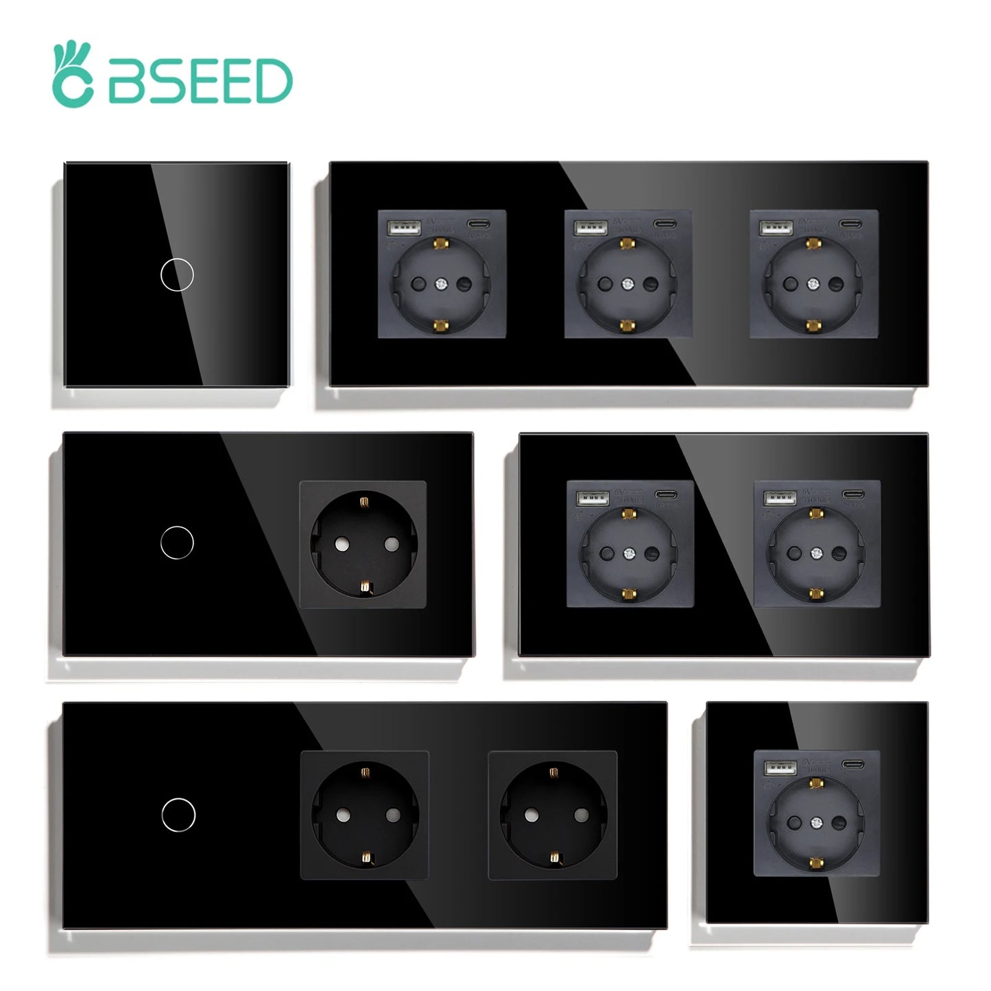 BSEED 1/2/3Gang Touch-Schalter 1-Wege-Lichtschalter mit EU-Steckdosen USB Typ-C-Steckdosen Glasscheibe Schwarz.
