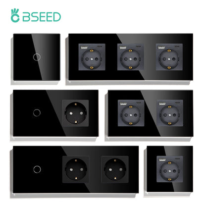 BSEED 1/2/3Gang Touch-Schalter 1-Wege-Lichtschalter mit EU-Steckdosen USB Typ-C-Steckdosen Glasscheibe Schwarz.