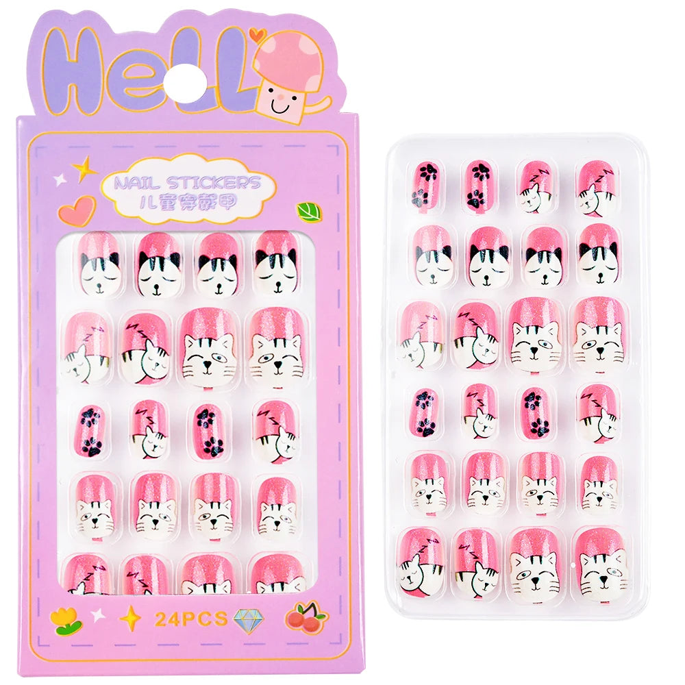 24Pcs/box Kids nails for Girl Cartoon Pattern False Nail Cute Child Fake Nails Tips Kawaii Acrylic Artificial Press on Nail+Tool