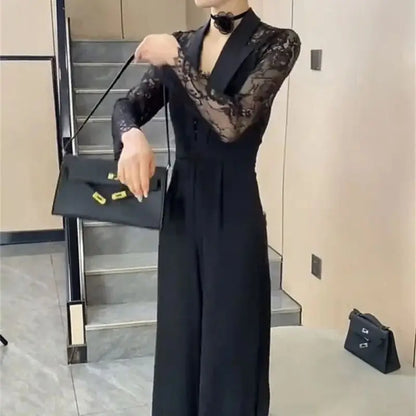 BESTBAFU Sexy Lace Patchwork Sheer Jumpsuit Women  Spring Elegant Office Formal Outfit Black High Waist Wide Leg Romper 126P.