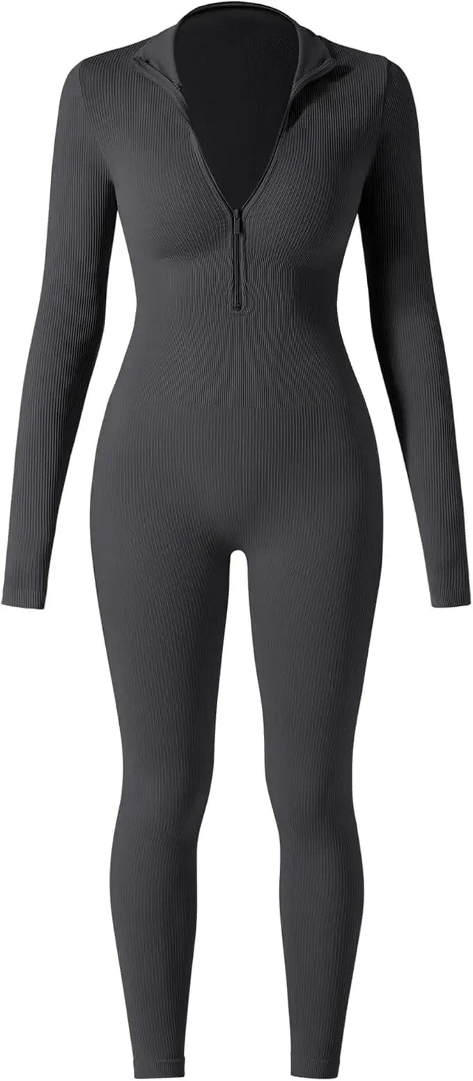 Seamless Long Sleeve Yoga Suit Waist-Fitted Shaping Trousers Casual Sports One-Piece Zippered Fitness Wear