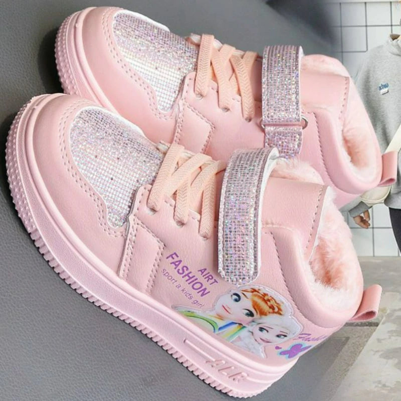 Disney Children Winter Ankle Snow Boots Cartoon Princess Elsa Frozen Pink Casual Shoes For Girls Warm Outdoor Shoes Size 26-37.
