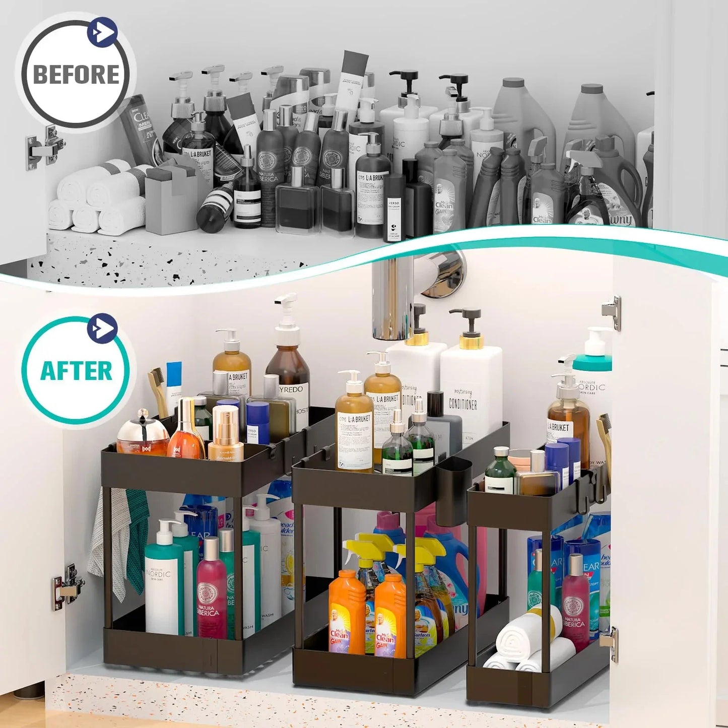 2-stufiger Organizer unter der Spüle, Schiebeschrank, Korb, Organizer, Aufbewahrungsregal mit Haken, hängende Tasse, Badezimmer, Küche, Organizer