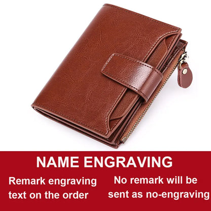 2024 New Short Women Wallets Genuine Leather Zipper Coin Pocket Women Purse Name Engraved Quality Card Holder Kpop Female Wallet