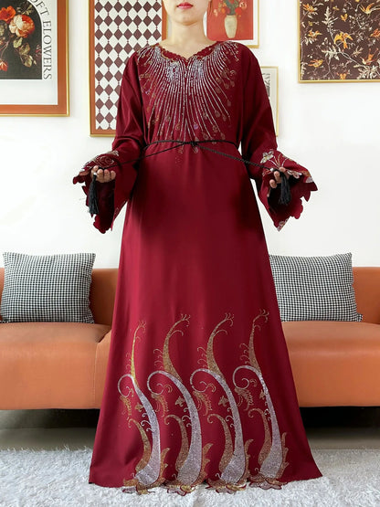 2025Fashion Dubai Diamond Muslim Women Modest Dress Elegant Arabic Femme Hijab Long Sleeve Chiffon Abaya Islamic Turkey Clothing.