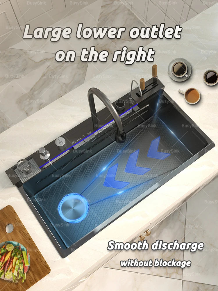 Stainless Steel Waterfall Kitchen Sink Extra Large Single Slot Oversized Sinks Digital Display  Dishwashing Basin