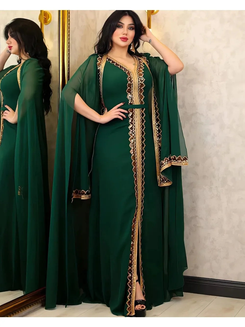 Elegant Muslim Abaya for Women Dress 2 Piece Set Chiffon Cloak Caftan Indian Party Dresses Sequins Kinono Robe Vestidos Abayas.