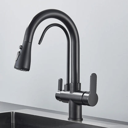 Quyanre Matte Black Filtered Crane For Kitchen Pull Out Spray 360 Rotation Water Filter Tap Three Ways Sink Mixer Kitchen Faucet