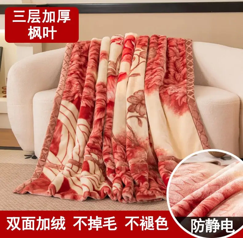 Nordic Style Geometric Printed Blanket Two Person Winter Thickened Quilt Coral Fleece Material Easy To Maintain Plush Bed Sheets