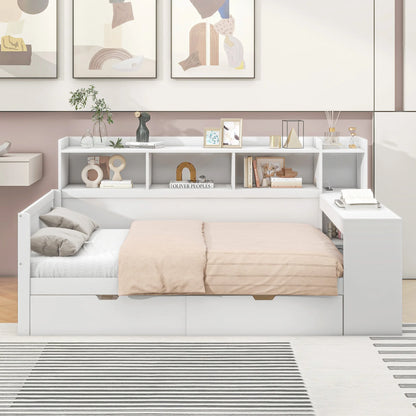 Merax Schlafsofa Daybett 90x200 cm Nachttischablage Untertischablage Bett mit Steckdose USB 2 Schubladen Schreibtisch ohne Matra