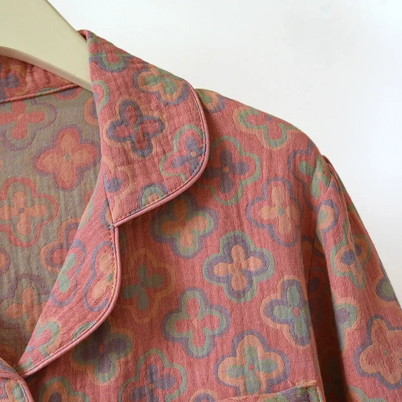 100% Cotton Crepe Homeclothes 2023 Autumn/Winter Women's Pajamas Suit Long-Sleeved Trousers 2-piece Yarn-Dyed Jacquard Pajamas