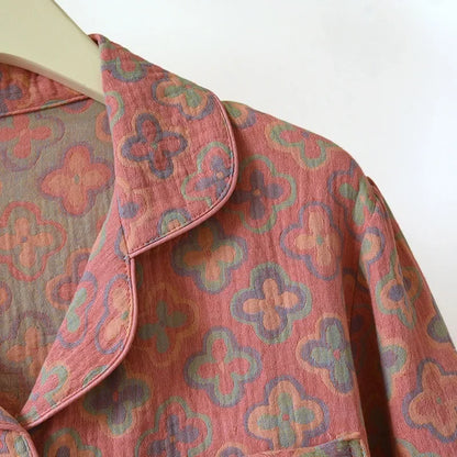 100% Cotton Crepe Homeclothes 2023 Autumn/Winter Women's Pajamas Suit Long-Sleeved Trousers 2-piece Yarn-Dyed Jacquard Pajamas