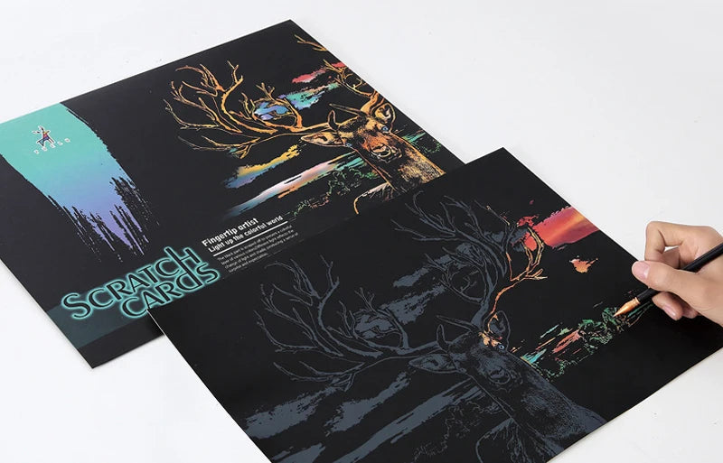 2 Sheets Animal Scratch Art Paper Set with Stylus DIY Rainbow Craft Lion Unicorn Cat Dog Painting Toy Creative Kids Adults Gift.