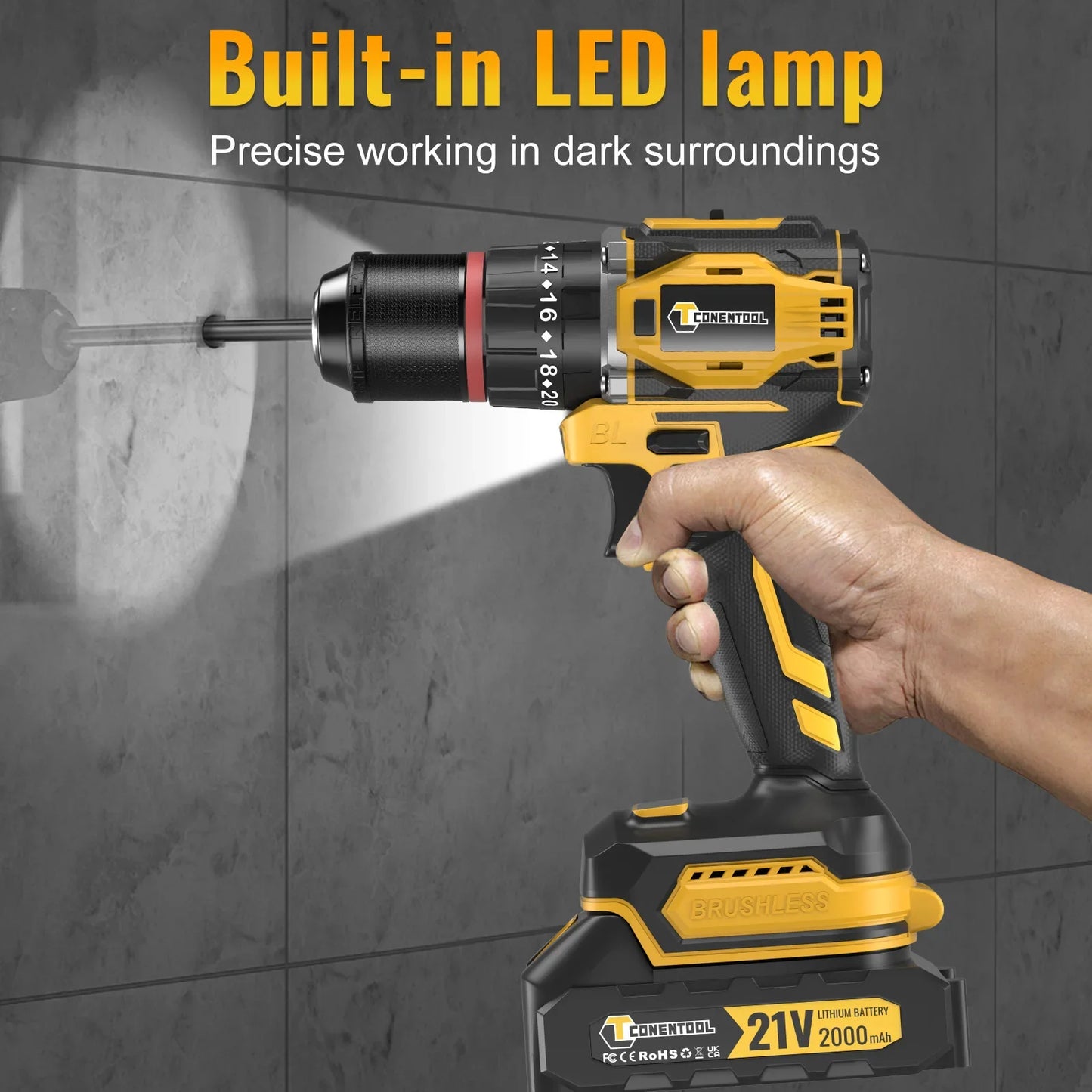 CONENTOOL 28+3 Drehmoment Elektrischer Bohrschrauber Bürstenloser kabelloser Akku-Bohrschrauber 2 Batterien Multifunktionales 27-teiliges Set