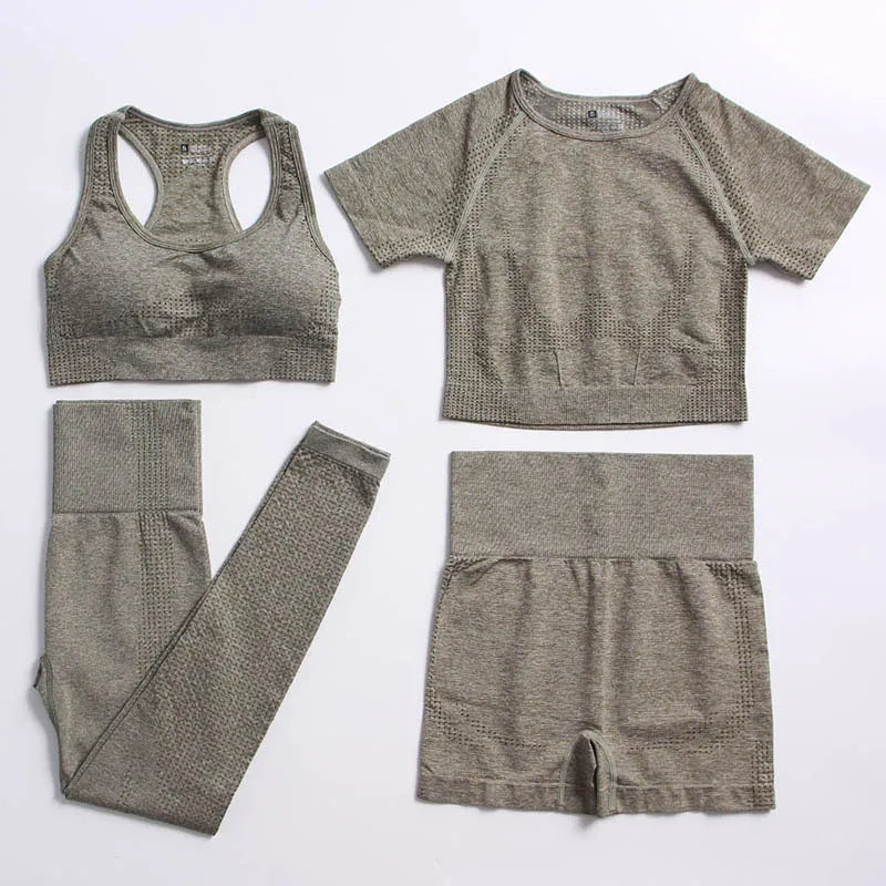 2/4PCS Summer Seamless Yoga Set Women Workout Clothes Sports Bra Short Sleeve Crop Top High Waist Legging Fitness Sports Suits