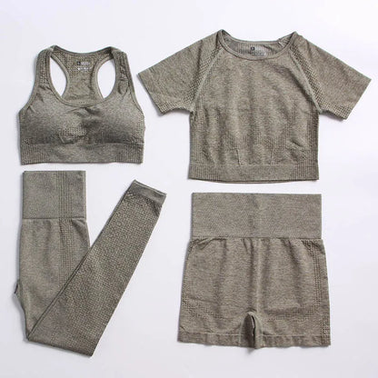 2/4PCS Summer Seamless Yoga Set Women Workout Clothes Sports Bra Short Sleeve Crop Top High Waist Legging Fitness Sports Suits