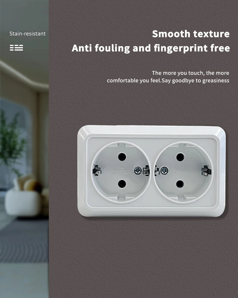 WESA Weiße Wandoberfläche, 2-Steckdosen, EU-Außensteckdosen mit Erdungssteckdose, flammhemmende Farbe aus Kunststoff.