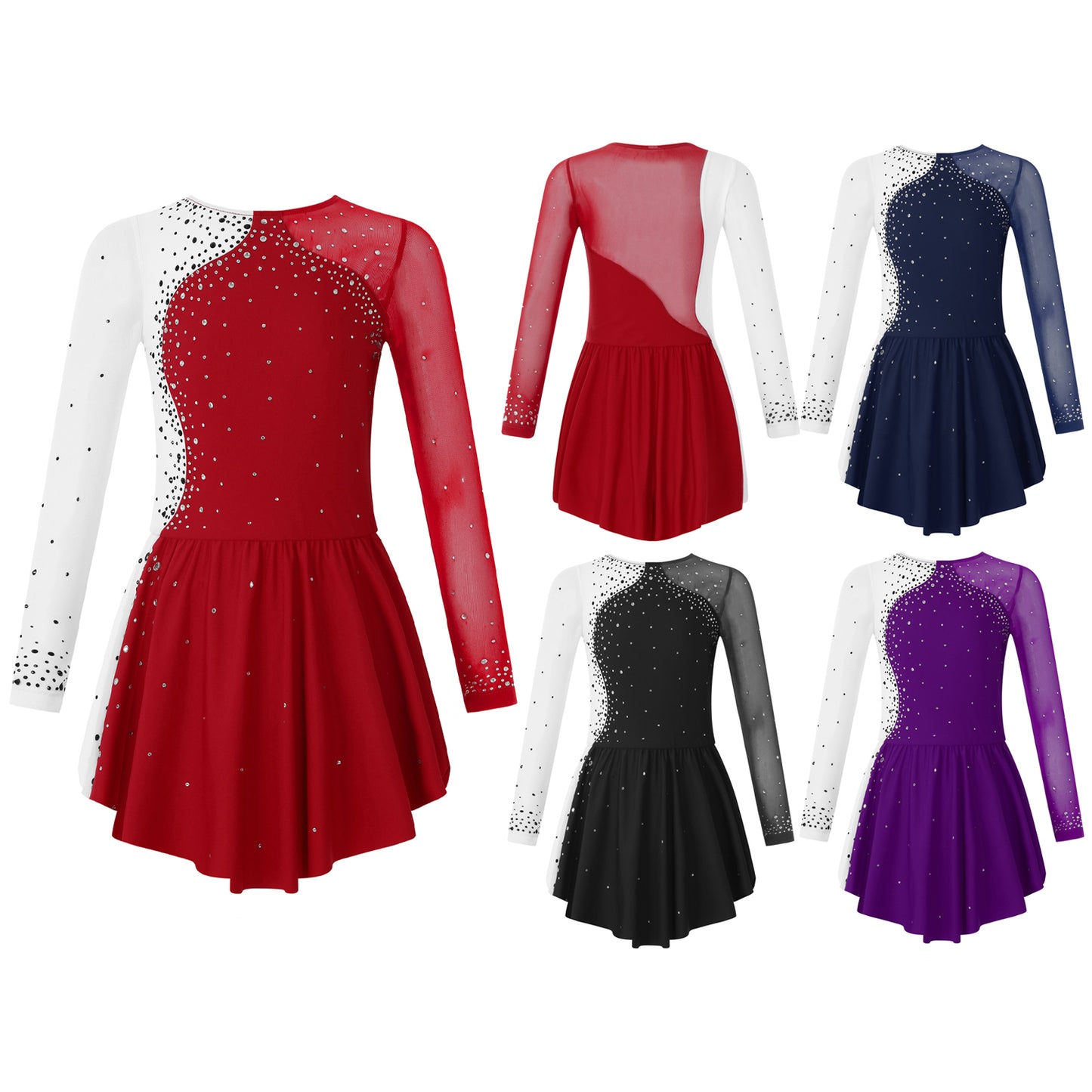 6-16Y Mädchen Eiskunstlauf Tanz Kleid Ballett Gymnastik Trikot Langarm Shiny Strass Sheer Mesh Leistung Dancewear.