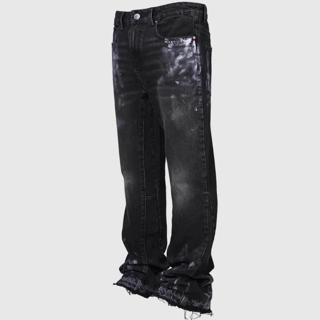Men's Fashion Jeans Work Pants, European and American Fashion Workwear Elastic Patchwork Denim Layered Flared Pants S-XXL.