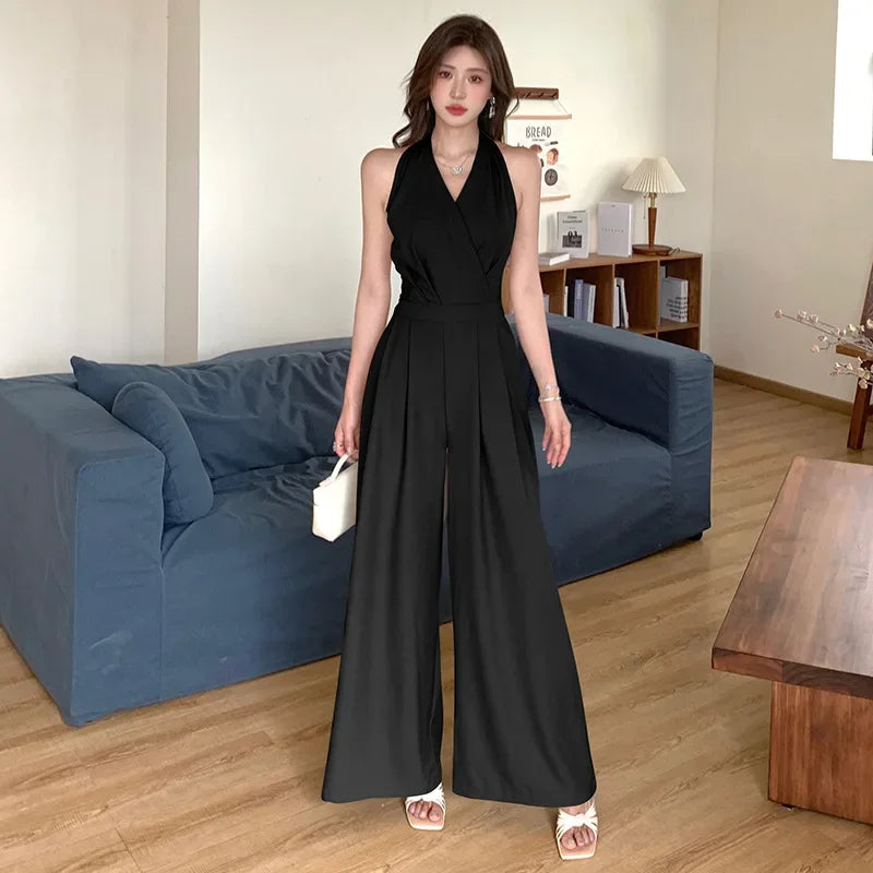French Vintage Polyester Halter One-Piece Pants Women's Summer Business Commute High Waist Slimming Versatile Suit Long Pants.