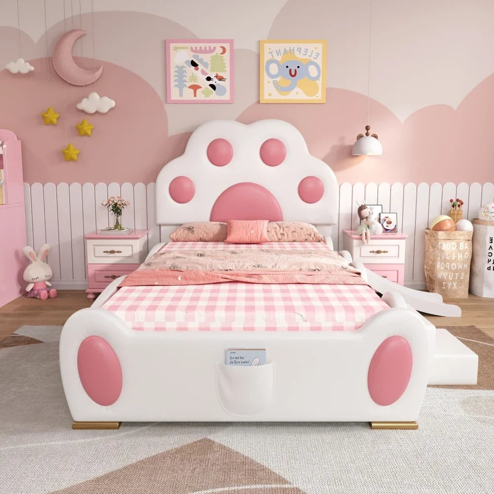 Cartoon süßes rosa Prinzessinnenbett, gepolstertes Bett, 90 x 200 cm, mit Kinderrutsche und zweistufiger Leiter, für Mädchenschlafzimmer