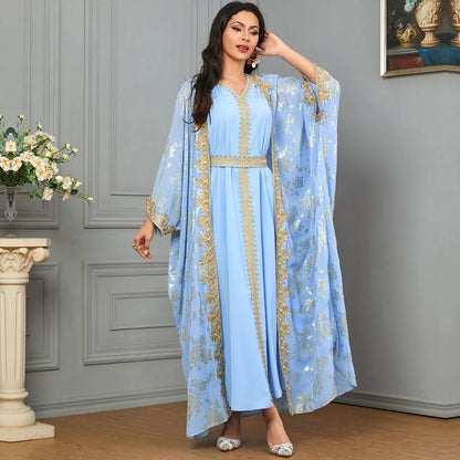 Eid Muslim Party Dress for Women Abaya with Inner Dress 2 Piece Set Jalabiya Ramadan Abayas Robe Caftan Vestidos Largos 2024