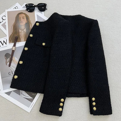 Schwarz Tweed Jacken Frauen Koreanische Mode Metall Schnalle Design Kurze Mäntel Frau Herbst Winter Einreiher Oansatz Oberbekleidung