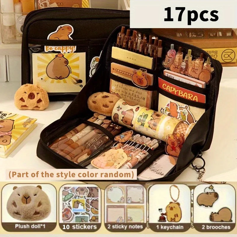 17-teiliges Capybara-Briefpapier-Set, süßes Capybara-Federmäppchen, mehrschichtige Schul-Bleistiftbox mit Aufklebern, Schlüsselanhänger, Brosche.