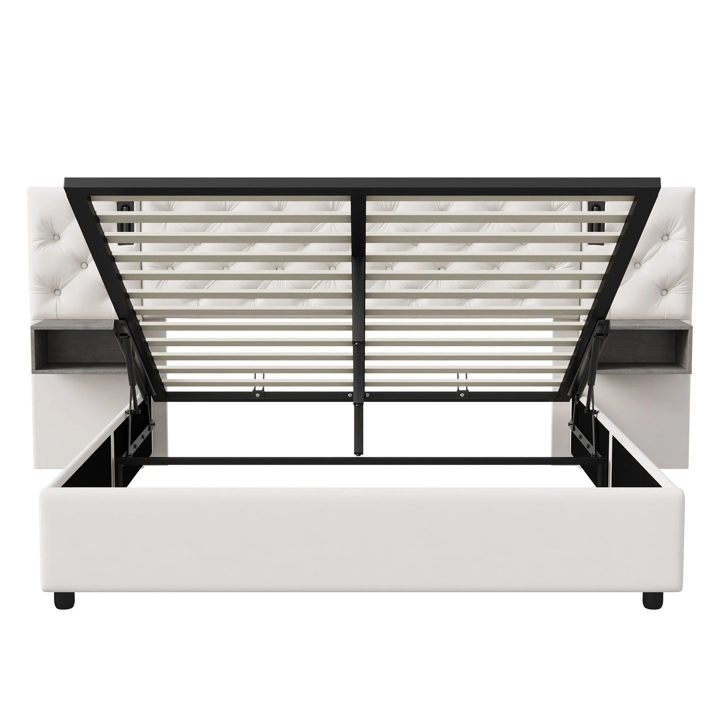 Rosahqnda Polsterbett, Doppelbett, 140/160 x 200 cm, mit 2 Nachttischen, mit LED und USB, hydraulisches Stauraumbett, Samtbeige