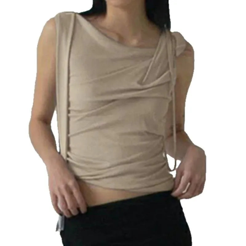 Gentle Style Asymmetric Knotted Straps with One Shoulder Solid Color Top Pleated Waist and Slim and Versatile Short Sleeves.