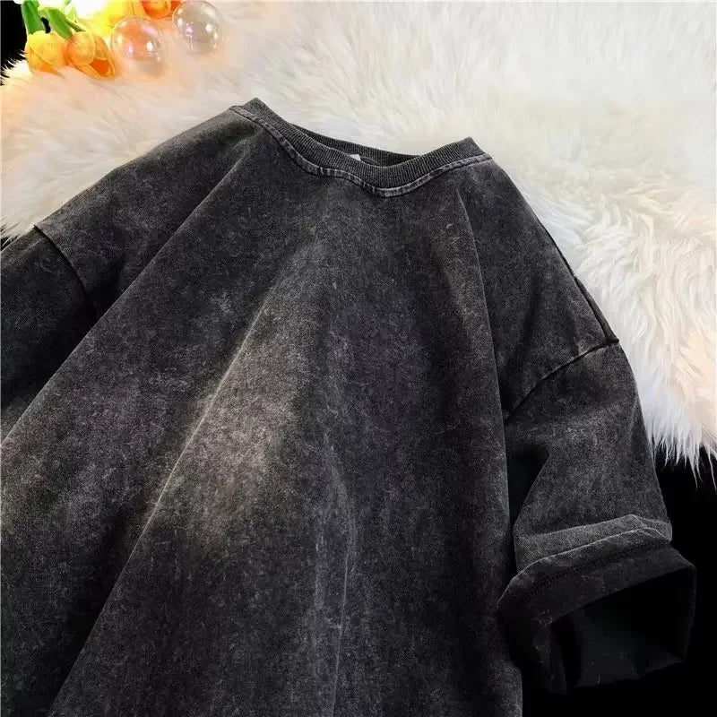 American Style Retro Heavyweight Solid Color Short Sleeved T-shirt Men Women Summer Street Trendy Washed Old Oversized Clothes.