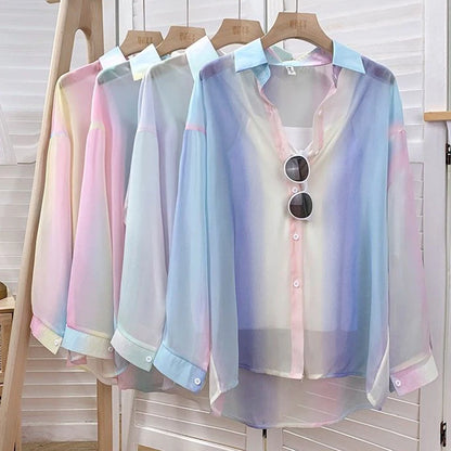 Irregular Gradient Rainbow Long Sleeved Shirt And Blouses Thin Youthful Women's Clothing Loose Top Pink Casual Transparent New.