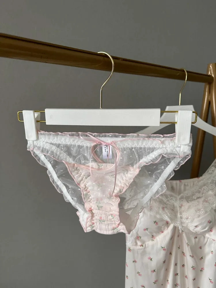 YUQI Kawaii Lace Bralette Set Japanese Floral Mesh Underwear Summer Ultra-Thin Lace-Up Cutout Romantic Bra 2024 New Kawaii set.